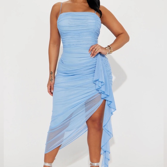 FASHION NOVA Blue Ruched Asymmetrical Bodycon Dress - Picture 1 of 5